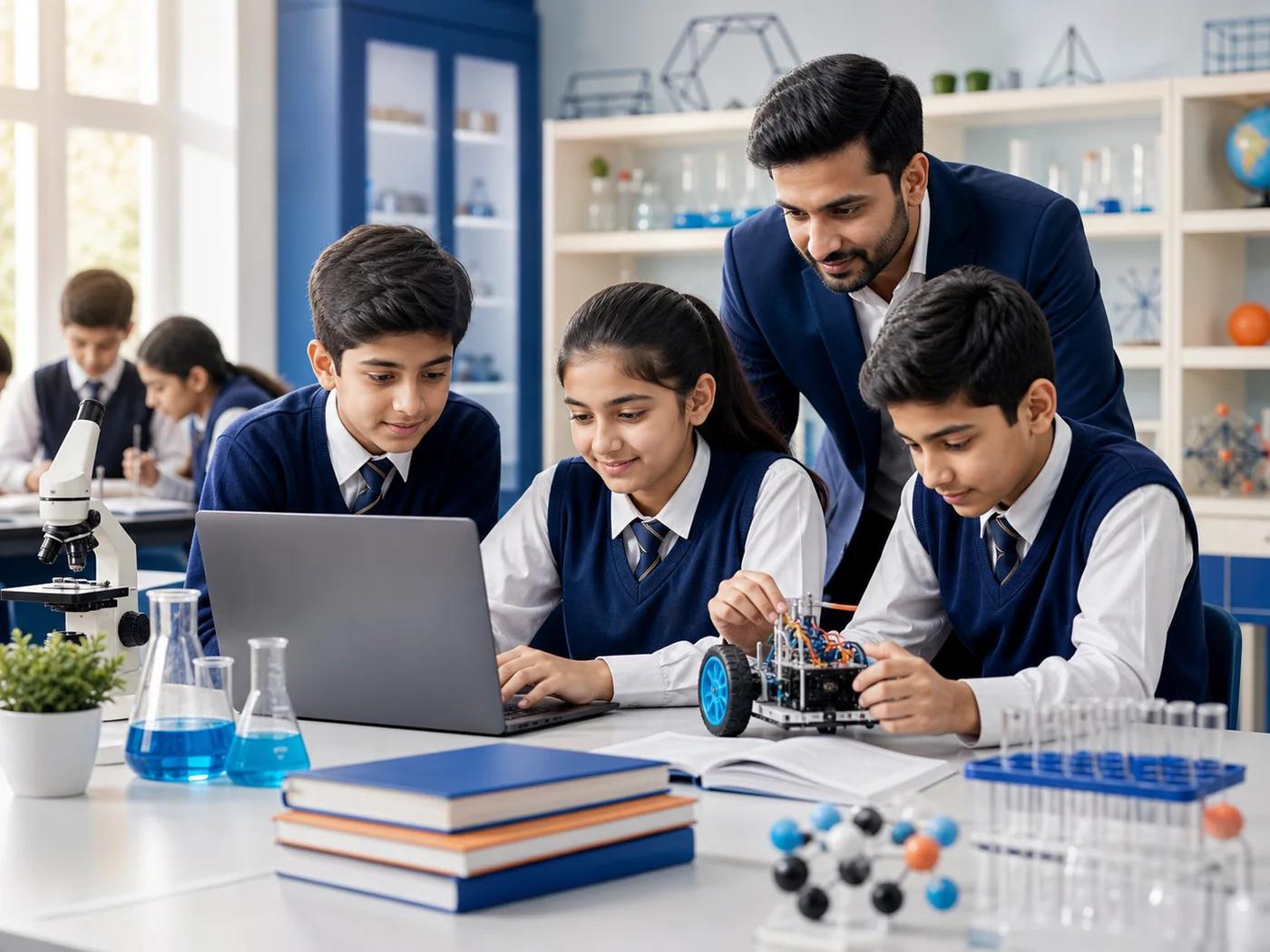 Students exploring science and computer learning in a modern lab